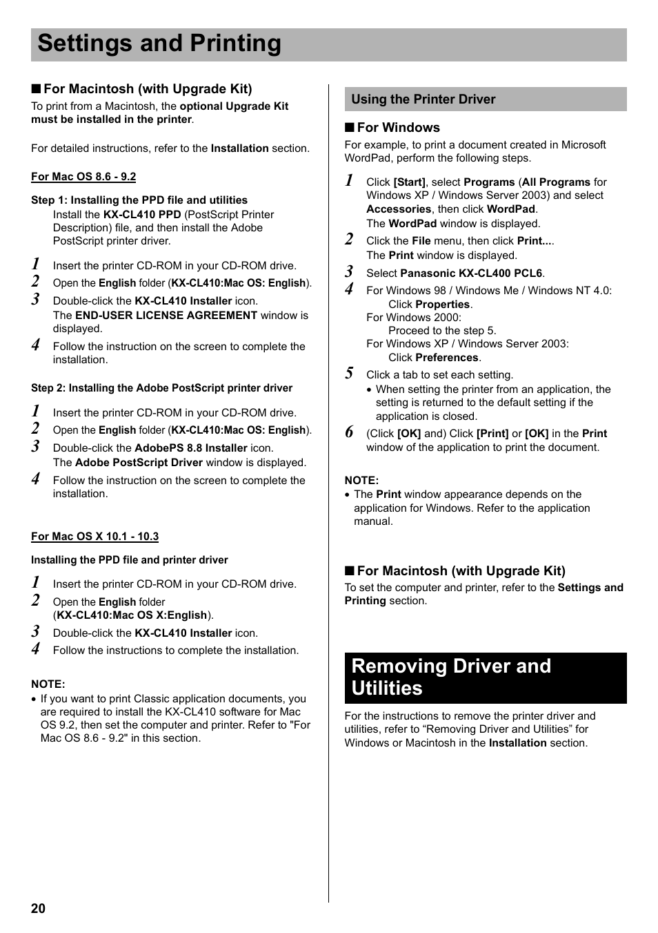 Using the printer driver, Removing driver and utilities, Settings and printing | Panasonic KX-CL400 User Manual | Page 20 / 24