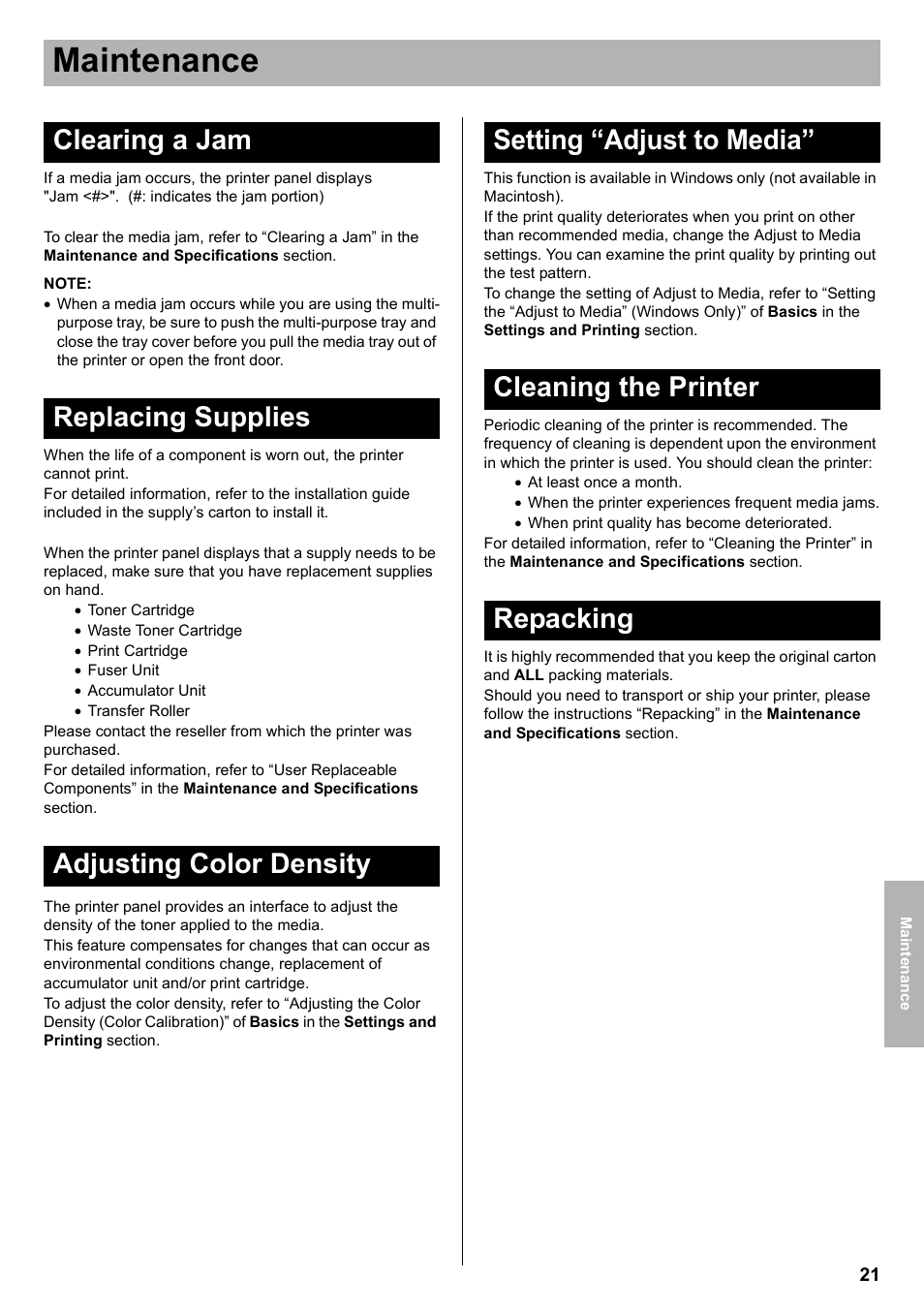 Maintenance, Clearing a jam, Replacing supplies | Adjusting color density, Setting “adjust to media, Cleaning the printer, Repacking | Panasonic KX-CL400 User Manual | Page 21 / 24