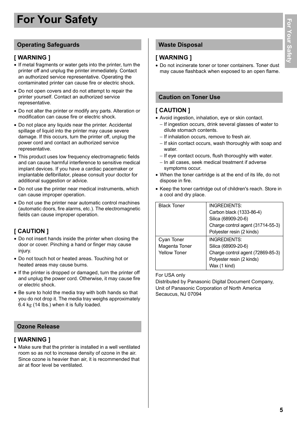 Operating safeguards, Ozone release, Waste disposal | Caution on toner use, For your safety | Panasonic KX-CL400 User Manual | Page 5 / 24