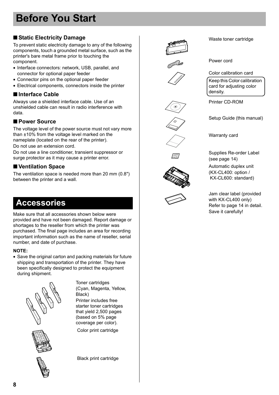 Accessories, Before you start | Panasonic KX-CL400 User Manual | Page 8 / 24