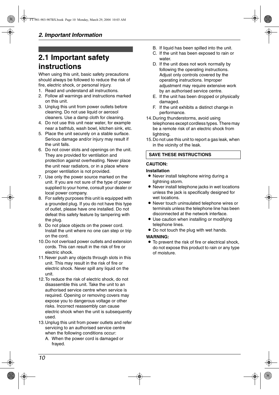 Important information, 1 important safety instructions, Important instructions | Important safety instructions, 1 important safety instructions, Important information 10 | Panasonic KX-FT901BX User Manual | Page 10 / 64