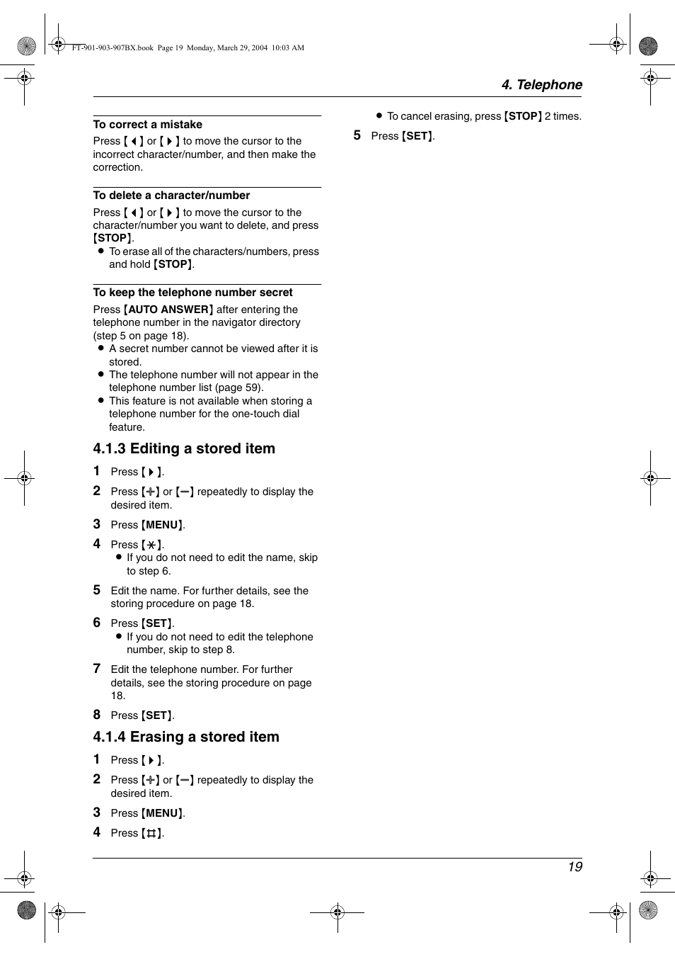 3 editing a stored item, 4 erasing a stored item | Panasonic KX-FT901BX User Manual | Page 19 / 64