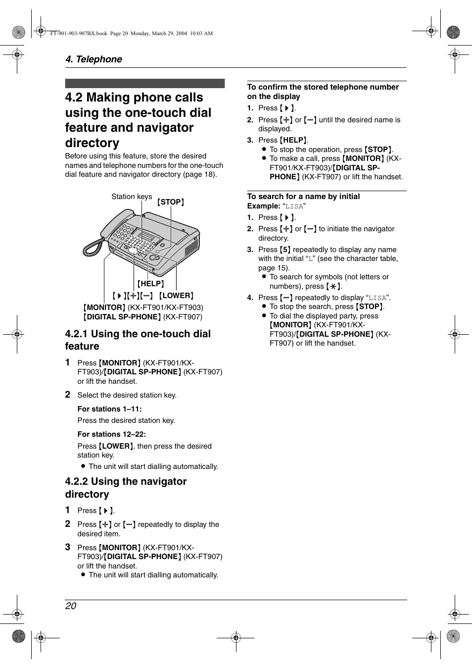 1 using the one-touch dial feature, 2 using the navigator directory | Panasonic KX-FT901BX User Manual | Page 20 / 64