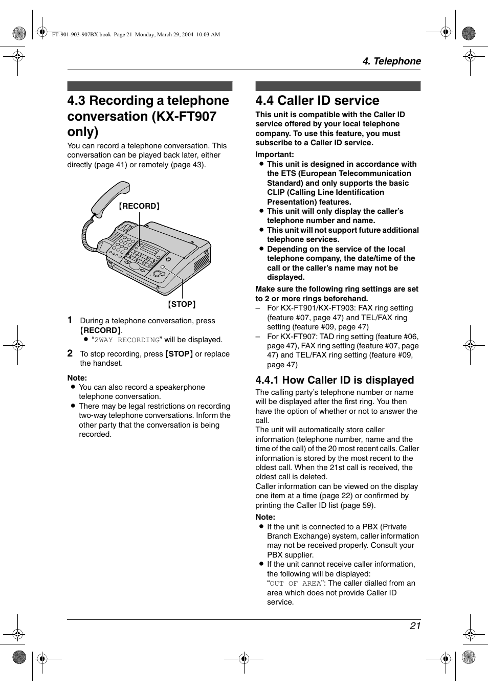 4 caller id service, Recording, Recording a telephone conversation (kx-ft907 only) | Caller id, Caller id service, 4 caller id service, 1 how caller id is displayed, Telephone 21 | Panasonic KX-FT901BX User Manual | Page 21 / 64