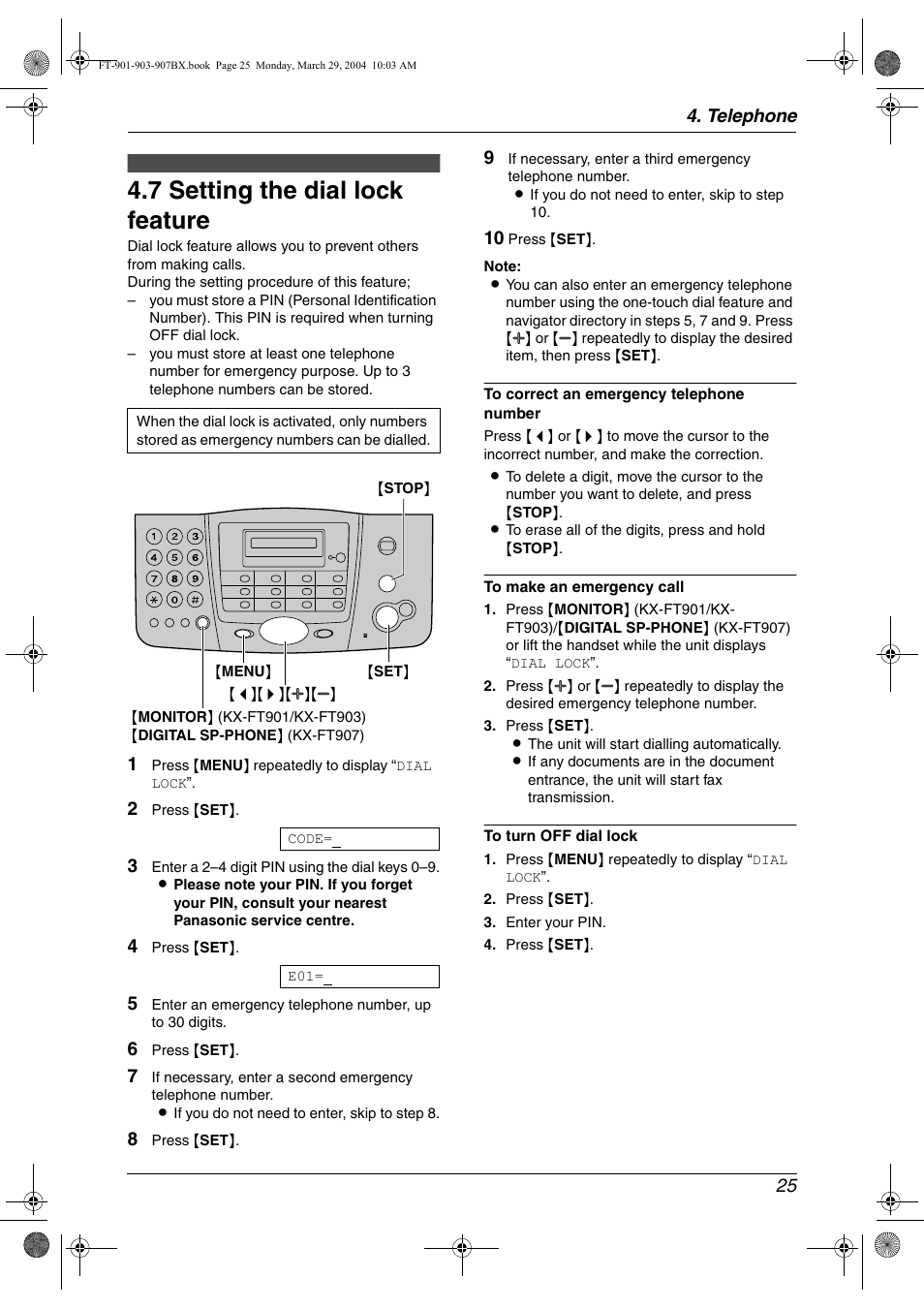 7 setting the dial lock feature, Dial lock, Setting the dial lock feature | 7 setting the dial lock feature, Telephone 25 | Panasonic KX-FT901BX User Manual | Page 25 / 64