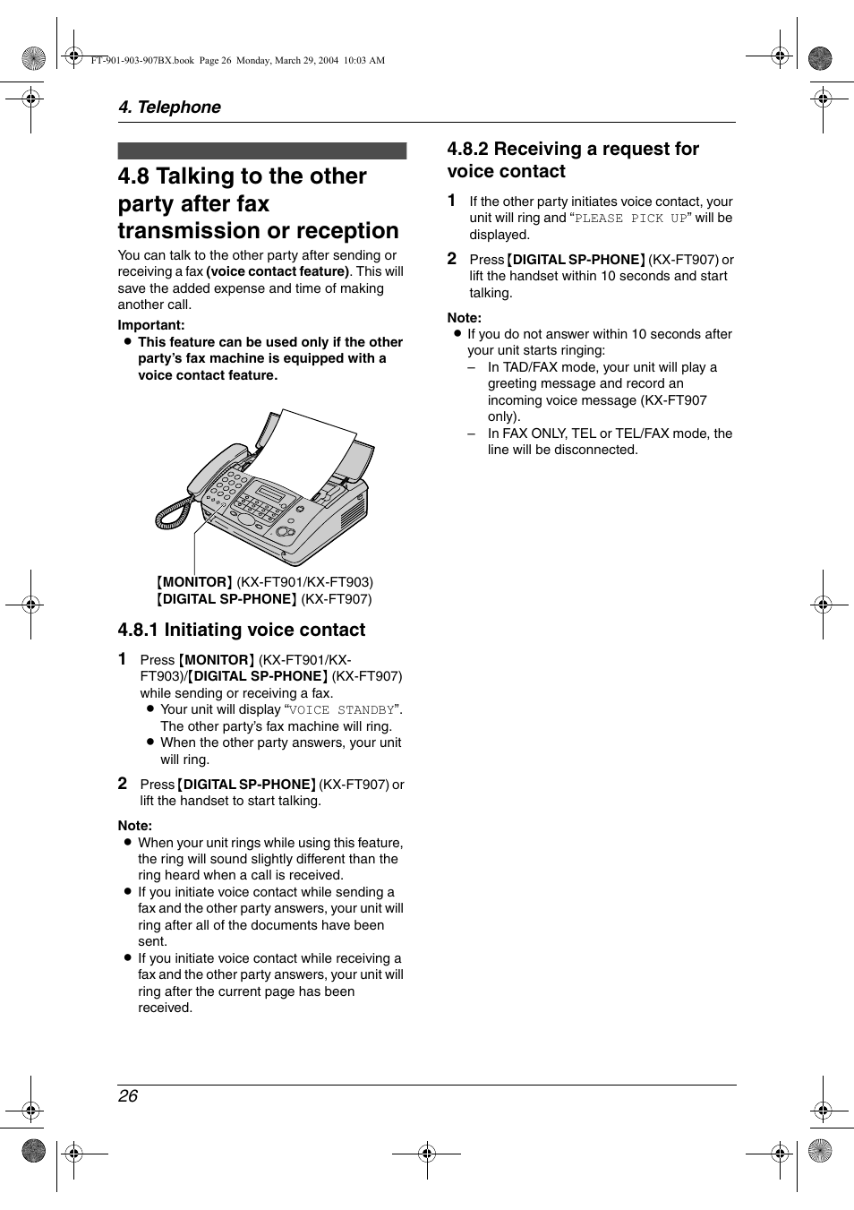 Voice contact, 1 initiating voice contact, 2 receiving a request for voice contact | Panasonic KX-FT901BX User Manual | Page 26 / 64