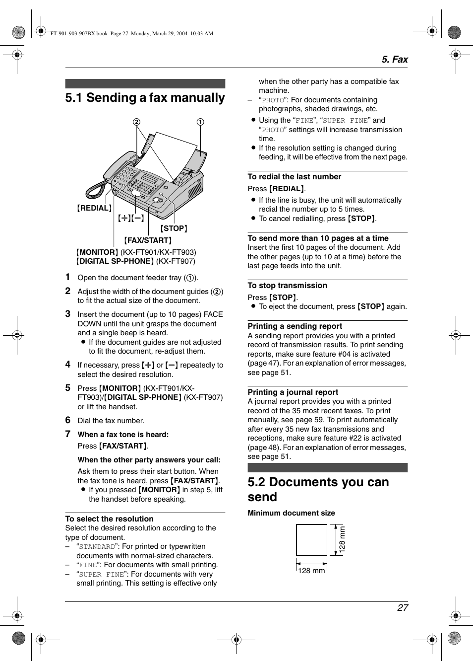 1 sending a fax manually, 2 documents you can send, Sending faxes | Sending a fax manually, Documents you can send, 1 sending a fax manually, 2 documents you can send, Fax 27 | Panasonic KX-FT901BX User Manual | Page 27 / 64