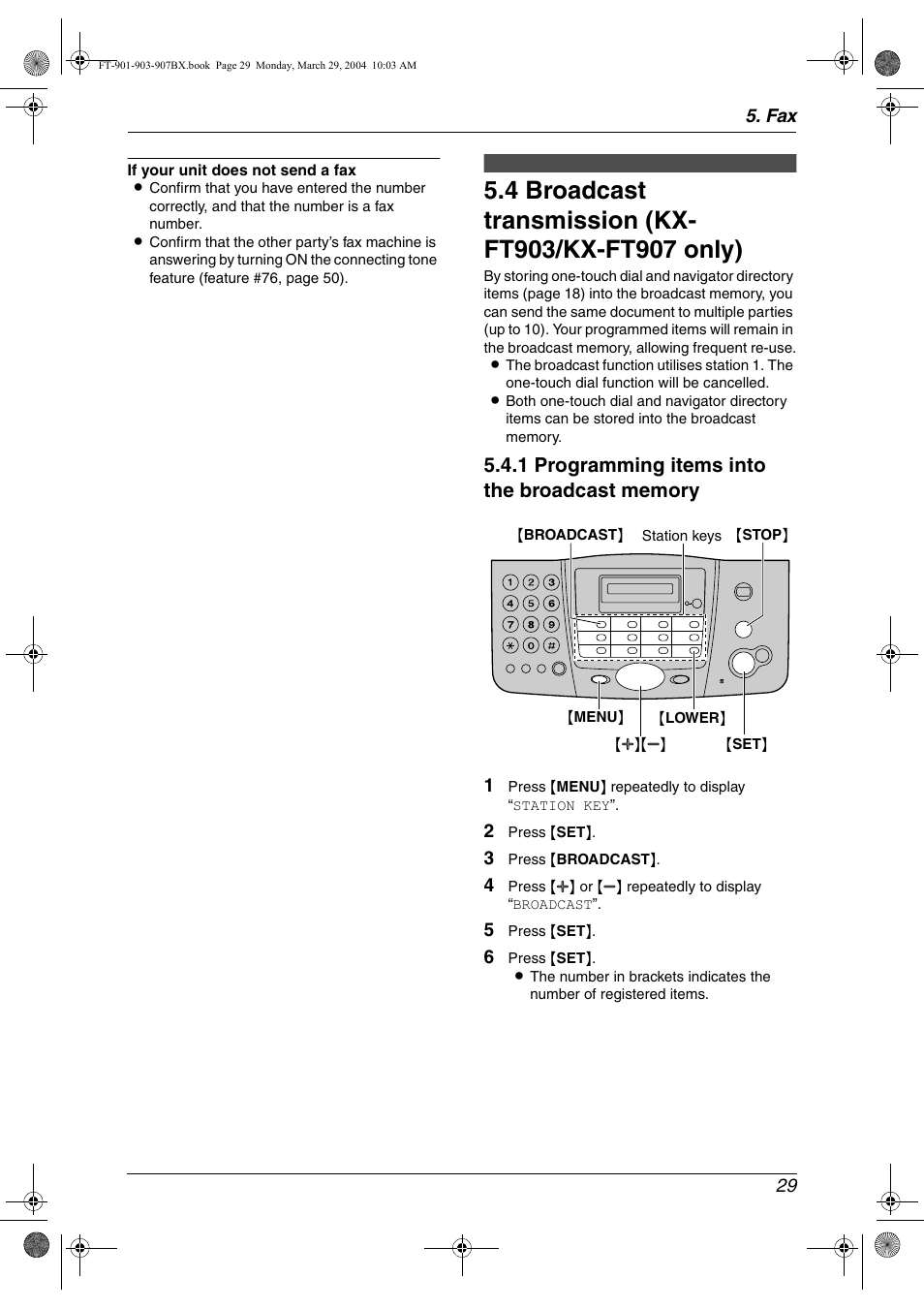 Broadcast transmission (kx-ft903/ kx-ft907 only) | Panasonic KX-FT901BX User Manual | Page 29 / 64