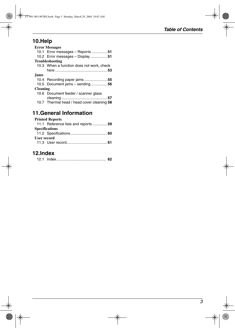 Help, General information, Index | Panasonic KX-FT901BX User Manual | Page 3 / 64