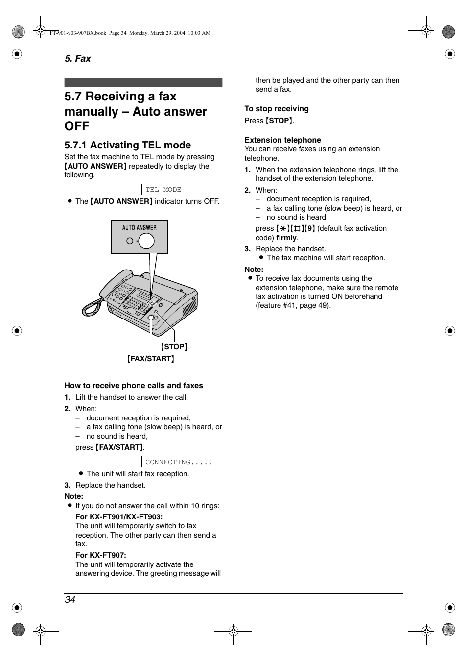 7 receiving a fax manually – auto answer off, Receiving a fax manually – auto answer off, 7 receiving a fax manually – auto answer off | 1 activating tel mode, Fax 34 | Panasonic KX-FT901BX User Manual | Page 34 / 64