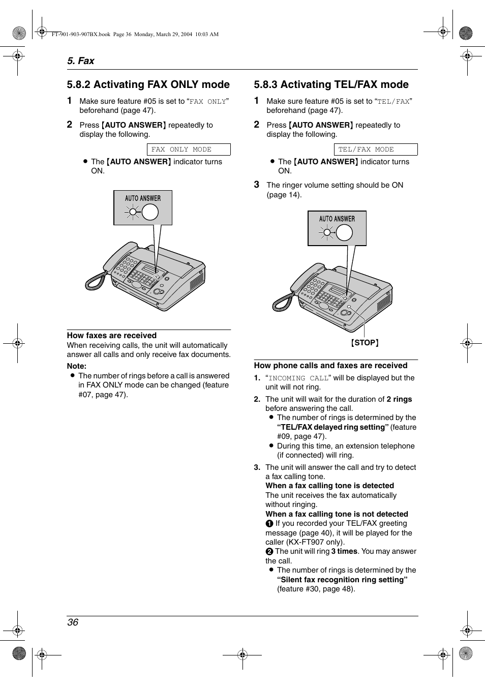 2 activating fax only mode, 3 activating tel/fax mode | Panasonic KX-FT901BX User Manual | Page 36 / 64