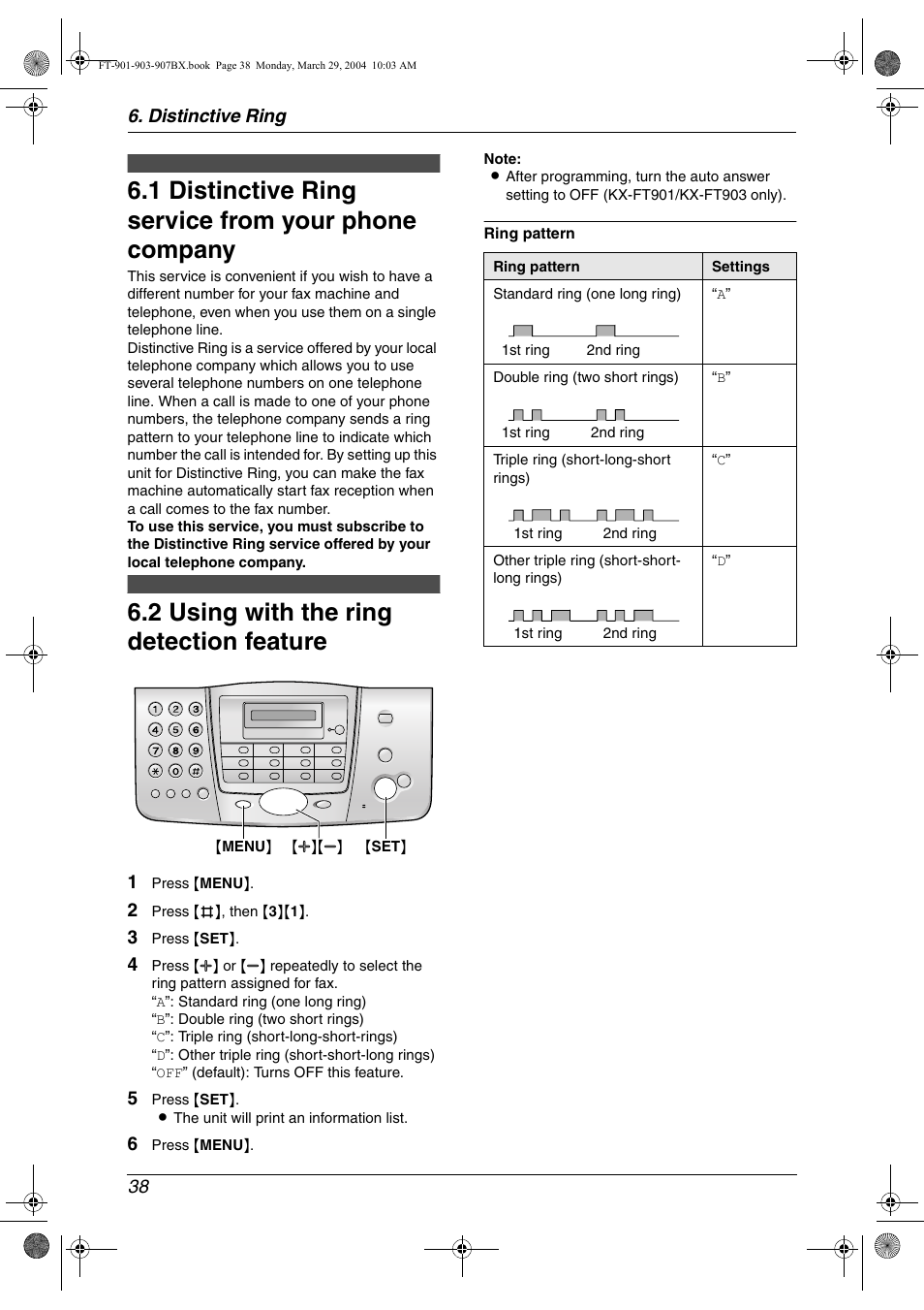 Distinctive ring, 2 using with the ring detection feature, Distinctive ring service from your phone company | Using with the ring detection feature, 1 distinctive ring service from your phone company, 2 using with the ring detection feature, Distinctive ring 38 | Panasonic KX-FT901BX User Manual | Page 38 / 64