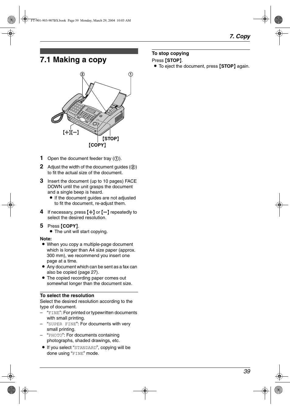 Copy, 1 making a copy, Copying | Making a copy, 1 making a copy, Copy 39 | Panasonic KX-FT901BX User Manual | Page 39 / 64