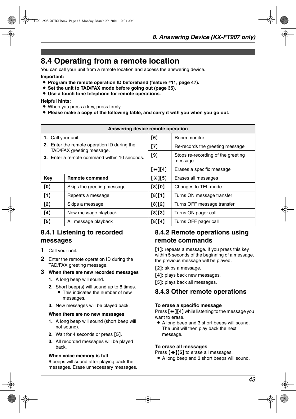 4 operating from a remote location, Remote operation, Operating from a remote location | 4 operating from a remote location, 1 listening to recorded messages, 2 remote operations using remote commands, 3 other remote operations | Panasonic KX-FT901BX User Manual | Page 43 / 64