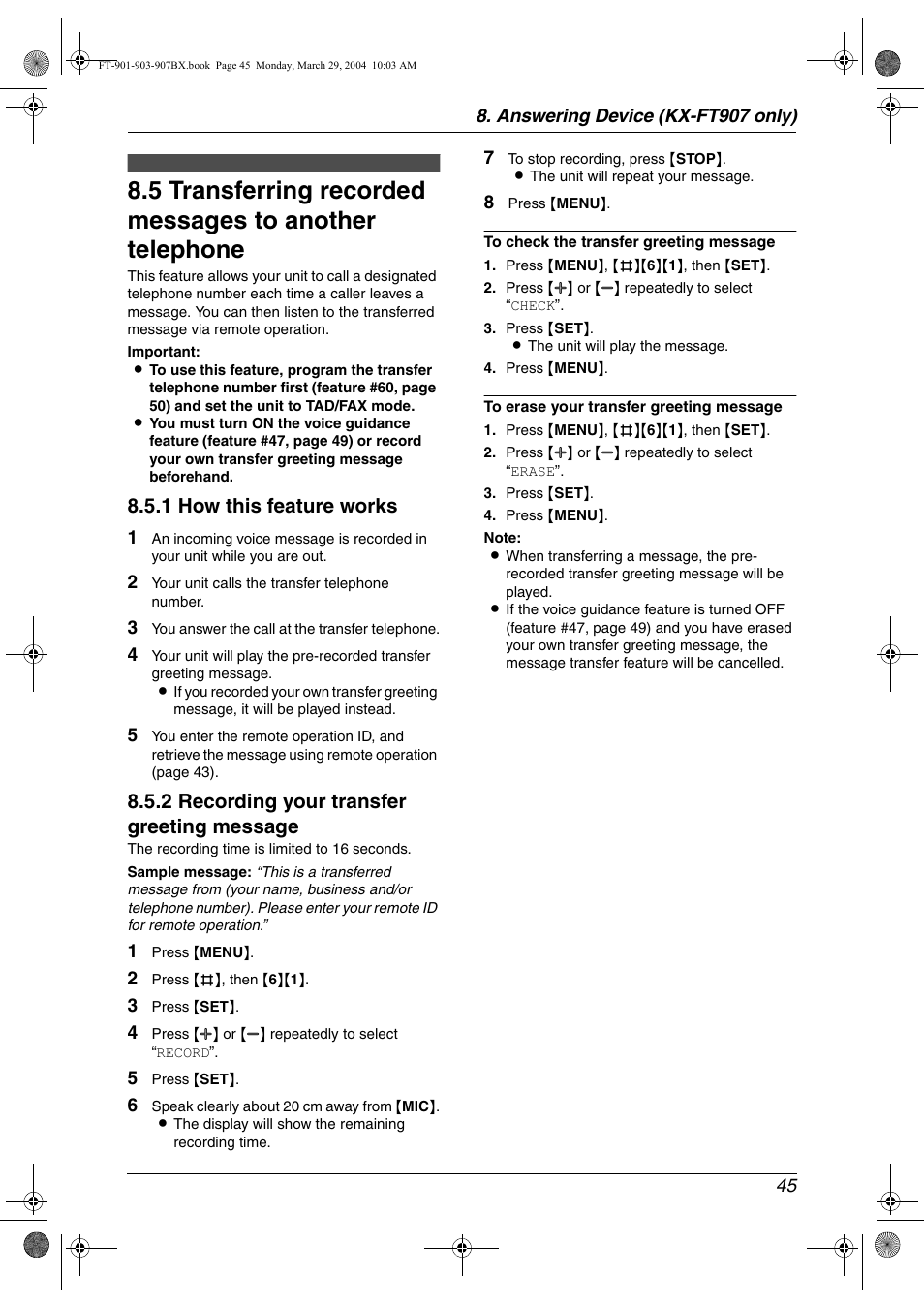 Message transfer, 1 how this feature works, 2 recording your transfer greeting message | Panasonic KX-FT901BX User Manual | Page 45 / 64