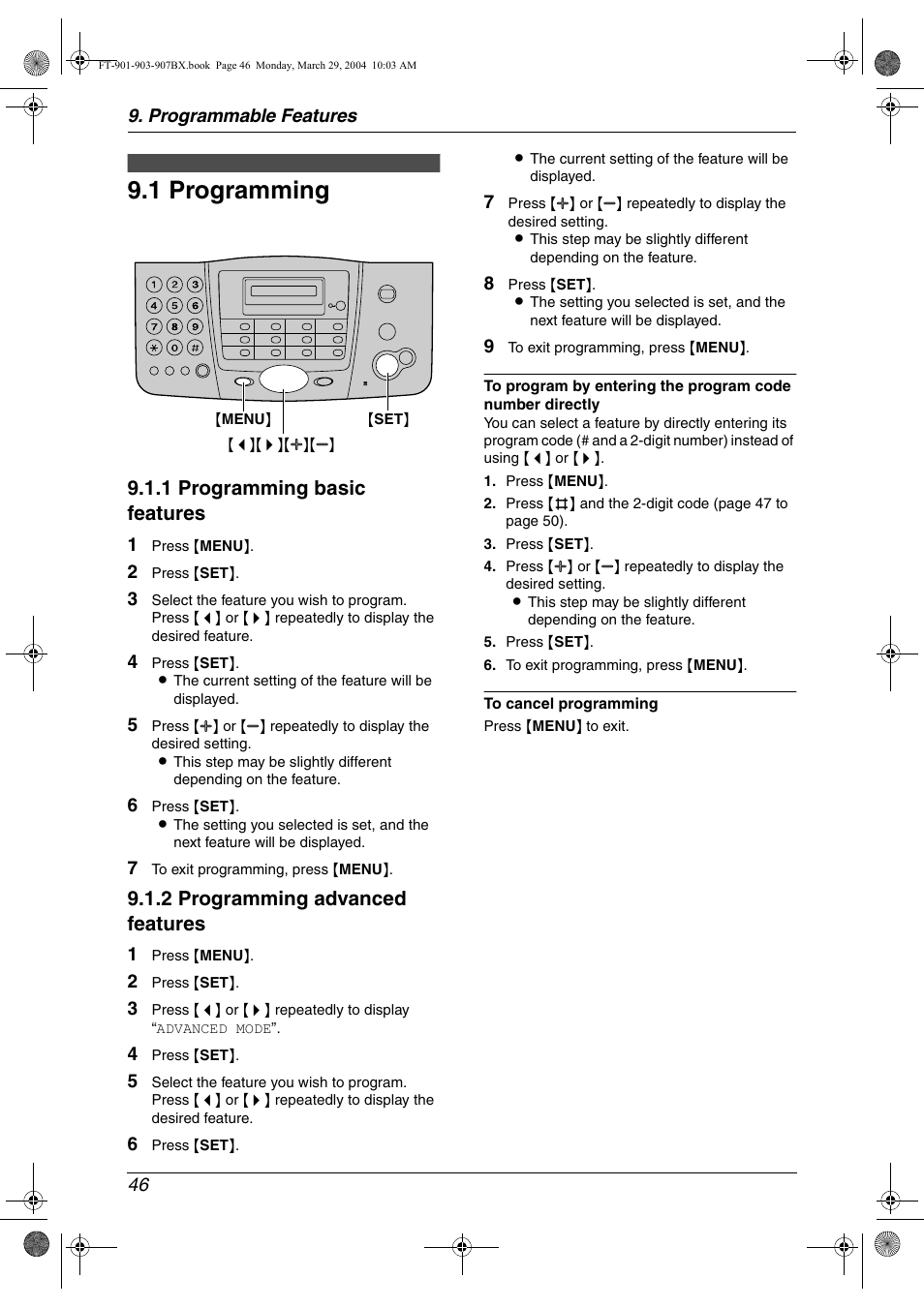 Programmable features, 1 programming, Features | Programming, 1 programming, 1 programming basic features, 2 programming advanced features | Panasonic KX-FT901BX User Manual | Page 46 / 64