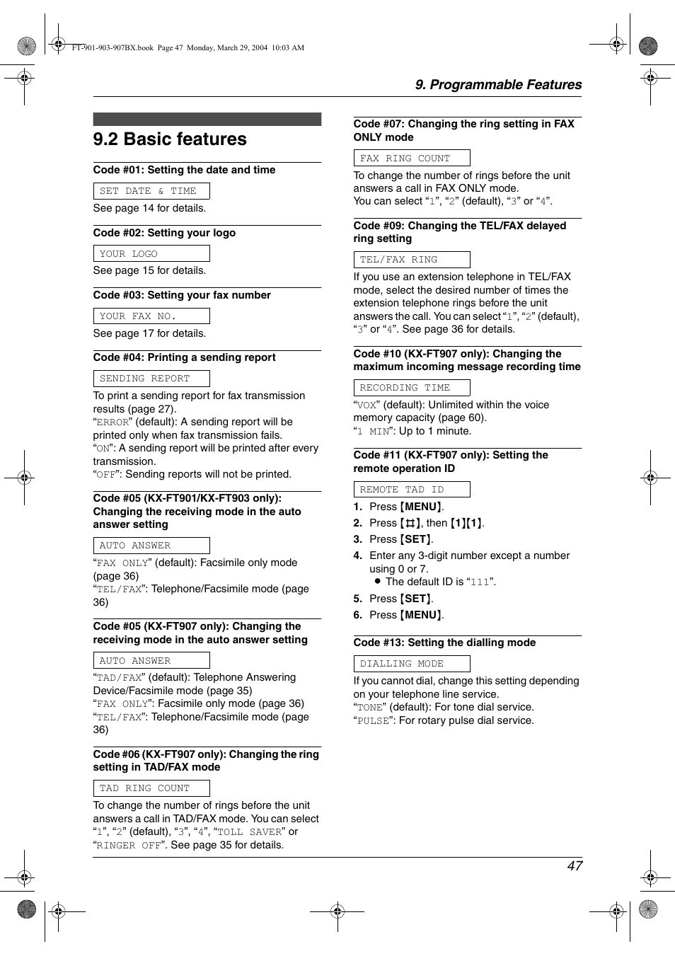 2 basic features, Basic features, 2 basic features | Programmable features 47 | Panasonic KX-FT901BX User Manual | Page 47 / 64
