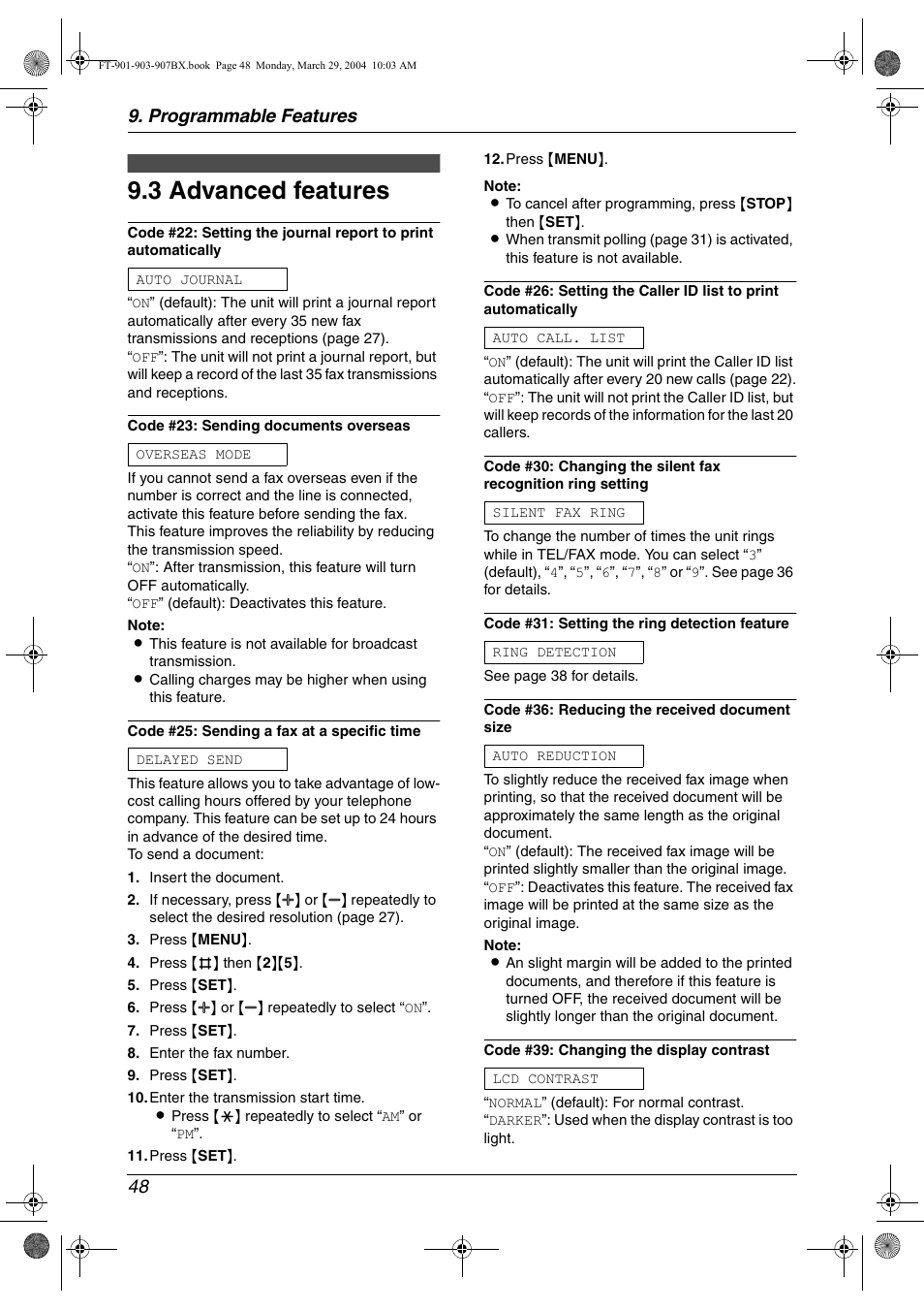 3 advanced features, Advanced features, 3 advanced features | Programmable features 48 | Panasonic KX-FT901BX User Manual | Page 48 / 64