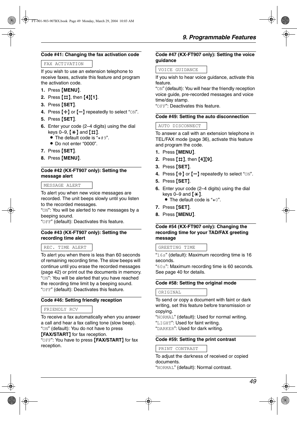 Programmable features 49 | Panasonic KX-FT901BX User Manual | Page 49 / 64