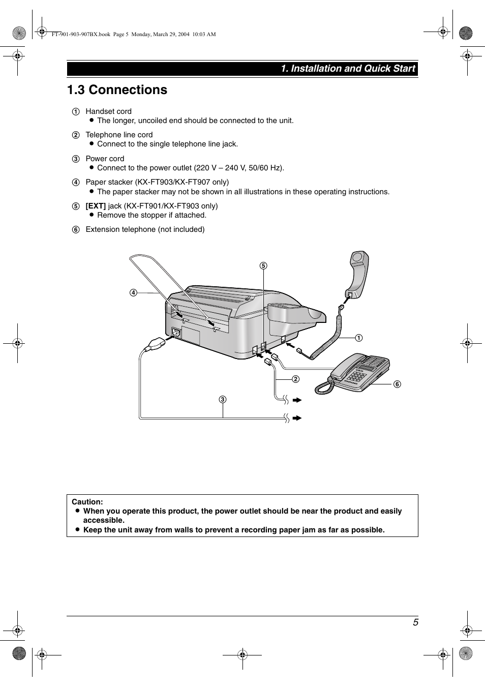 3 connections, Connections, 3 connections | Installation and quick start | Panasonic KX-FT901BX User Manual | Page 5 / 64
