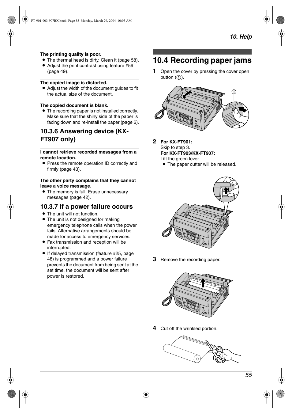 4 recording paper jams, Jams, Recording paper jams | 4 recording paper jams, 6 answering device (kx- ft907 only), 7 if a power failure occurs | Panasonic KX-FT901BX User Manual | Page 55 / 64