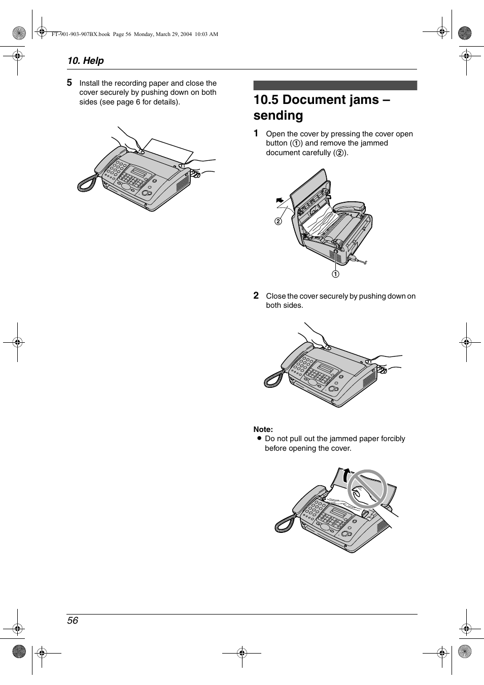 5 document jams – sending, Document jams – sending, 5 document jams – sending | Panasonic KX-FT901BX User Manual | Page 56 / 64
