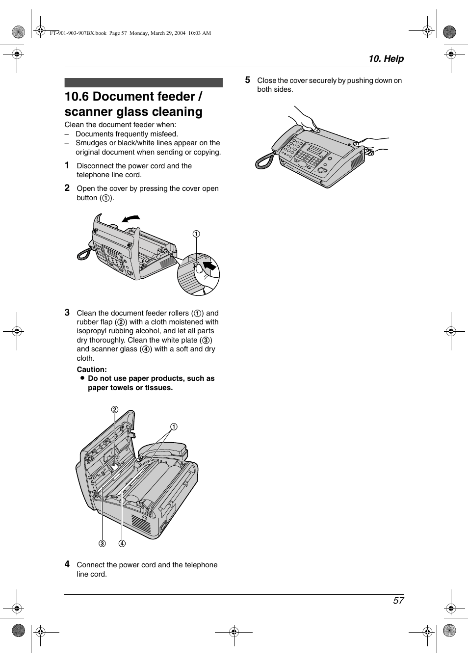 6 document feeder / scanner glass cleaning, Cleaning, Document feeder / scanner glass | 6 document feeder / scanner glass cleaning | Panasonic KX-FT901BX User Manual | Page 57 / 64
