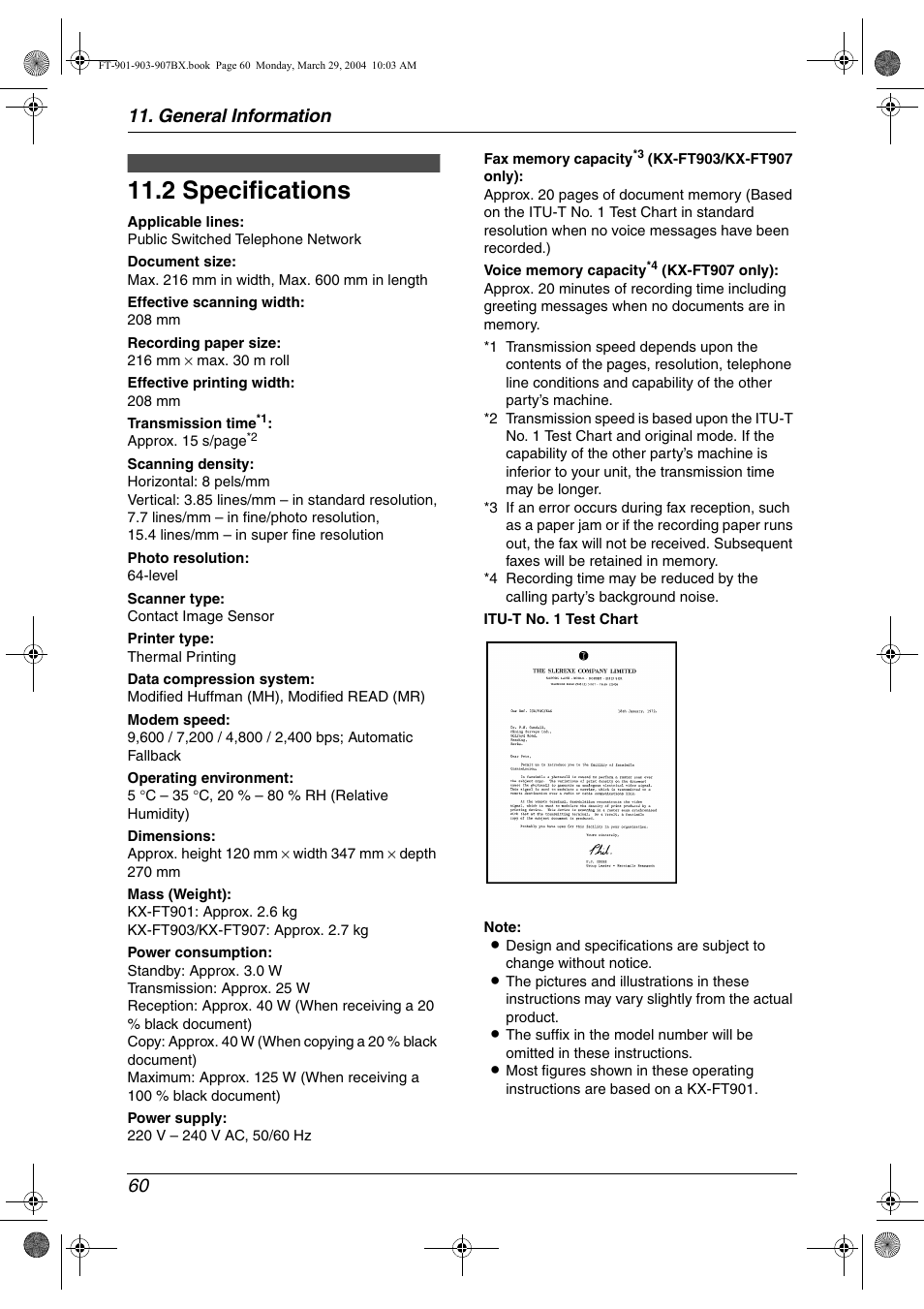 2 specifications, Specifications, 2 specifications | General information 60 | Panasonic KX-FT901BX User Manual | Page 60 / 64