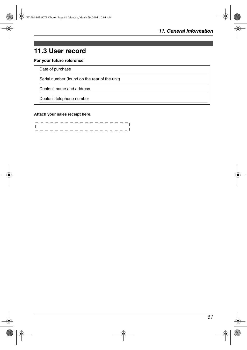 3 user record, User record, 3 user record | General information 61 | Panasonic KX-FT901BX User Manual | Page 61 / 64