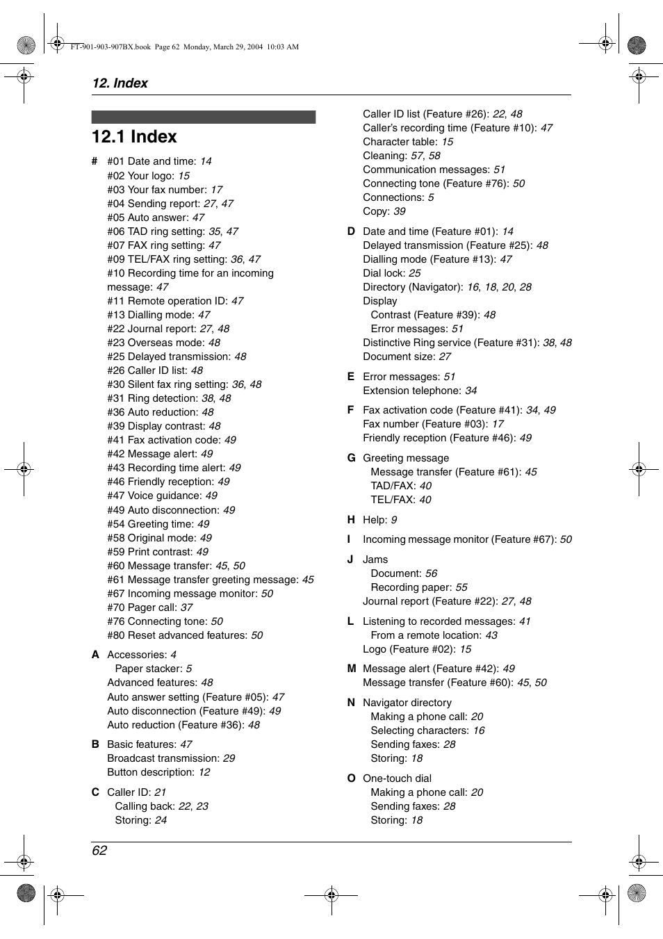 Index, 1 index, Index 62 | Panasonic KX-FT901BX User Manual | Page 62 / 64