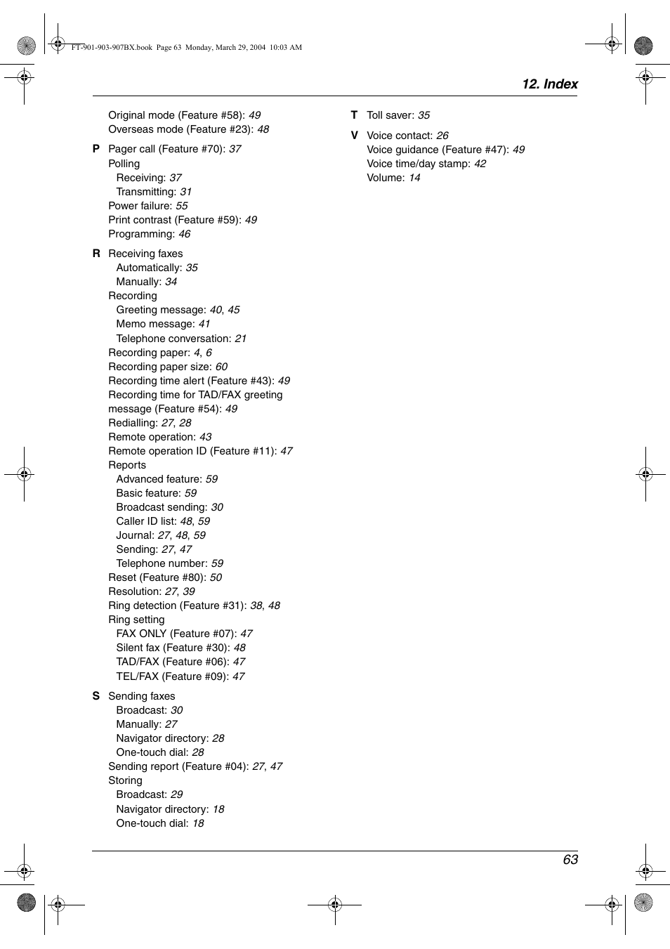 Index 63 | Panasonic KX-FT901BX User Manual | Page 63 / 64