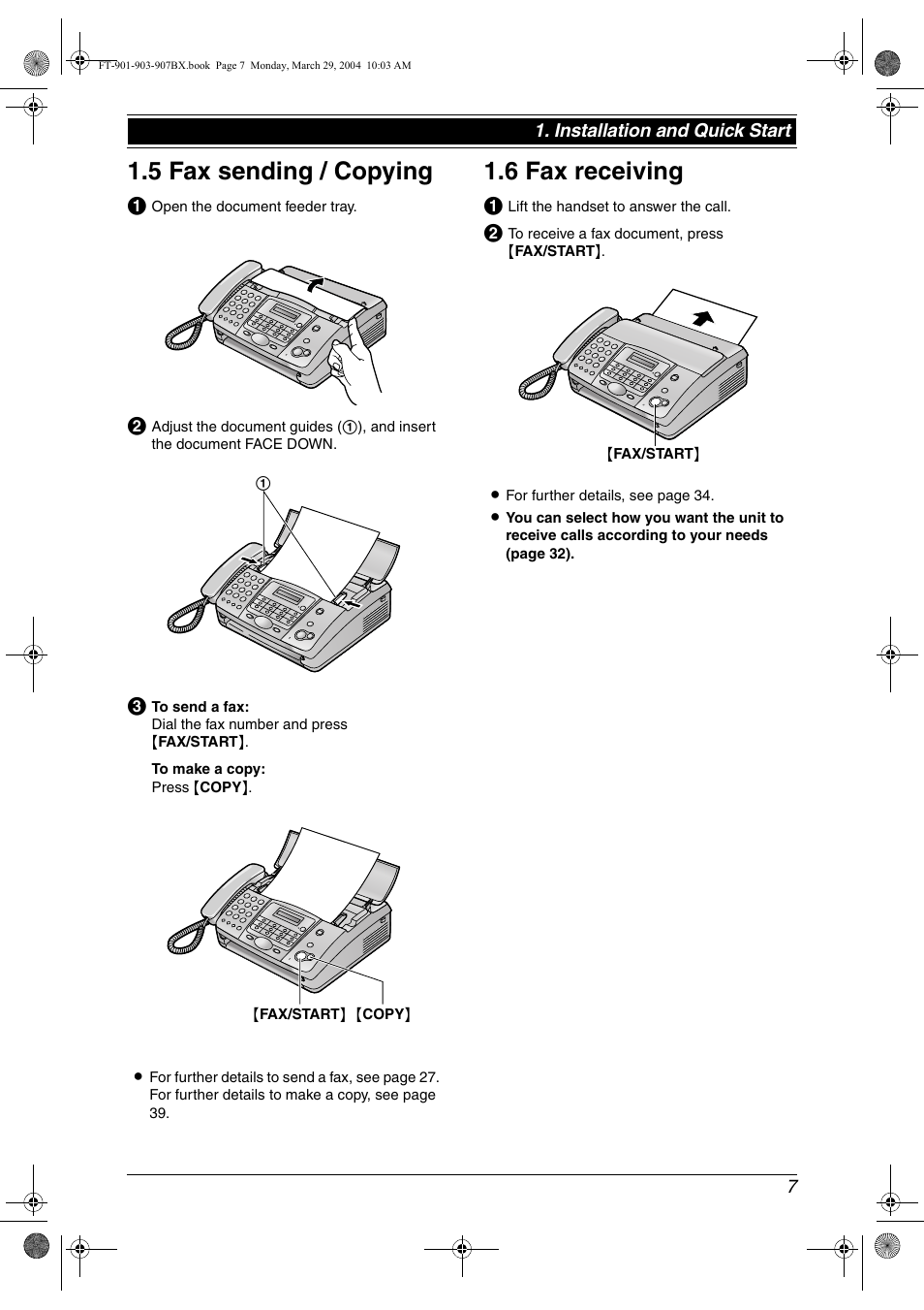 5 fax sending / copying, 6 fax receiving, Quick start | Fax sending / copying, Fax receiving, 5 fax sending / copying, 6 fax receiving | Panasonic KX-FT901BX User Manual | Page 7 / 64