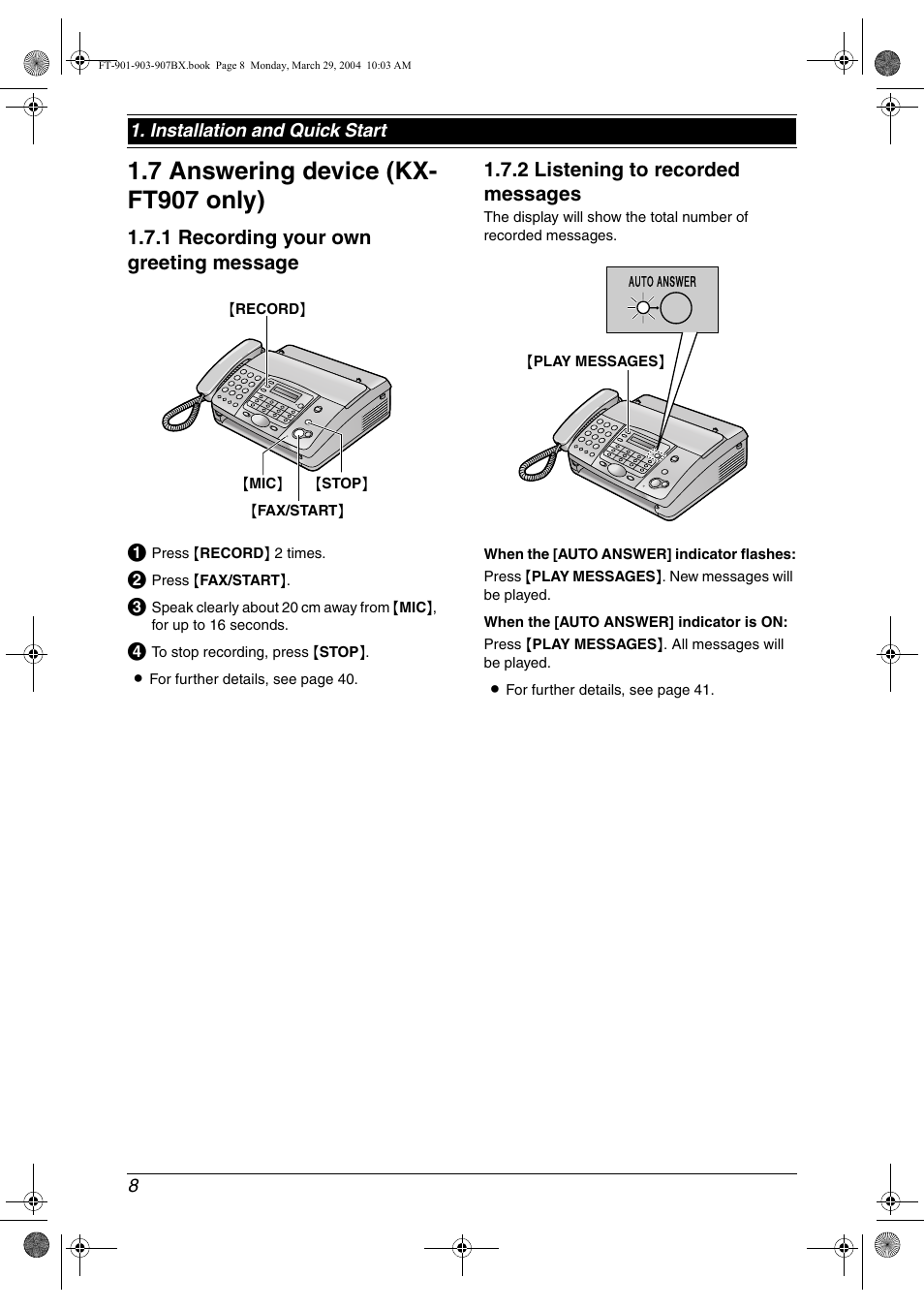 7 answering device (kx- ft907 only), Answering device (kx-ft907 only), 7 answering device (kx- ft907 only) | 1 recording your own greeting message, 2 listening to recorded messages | Panasonic KX-FT901BX User Manual | Page 8 / 64