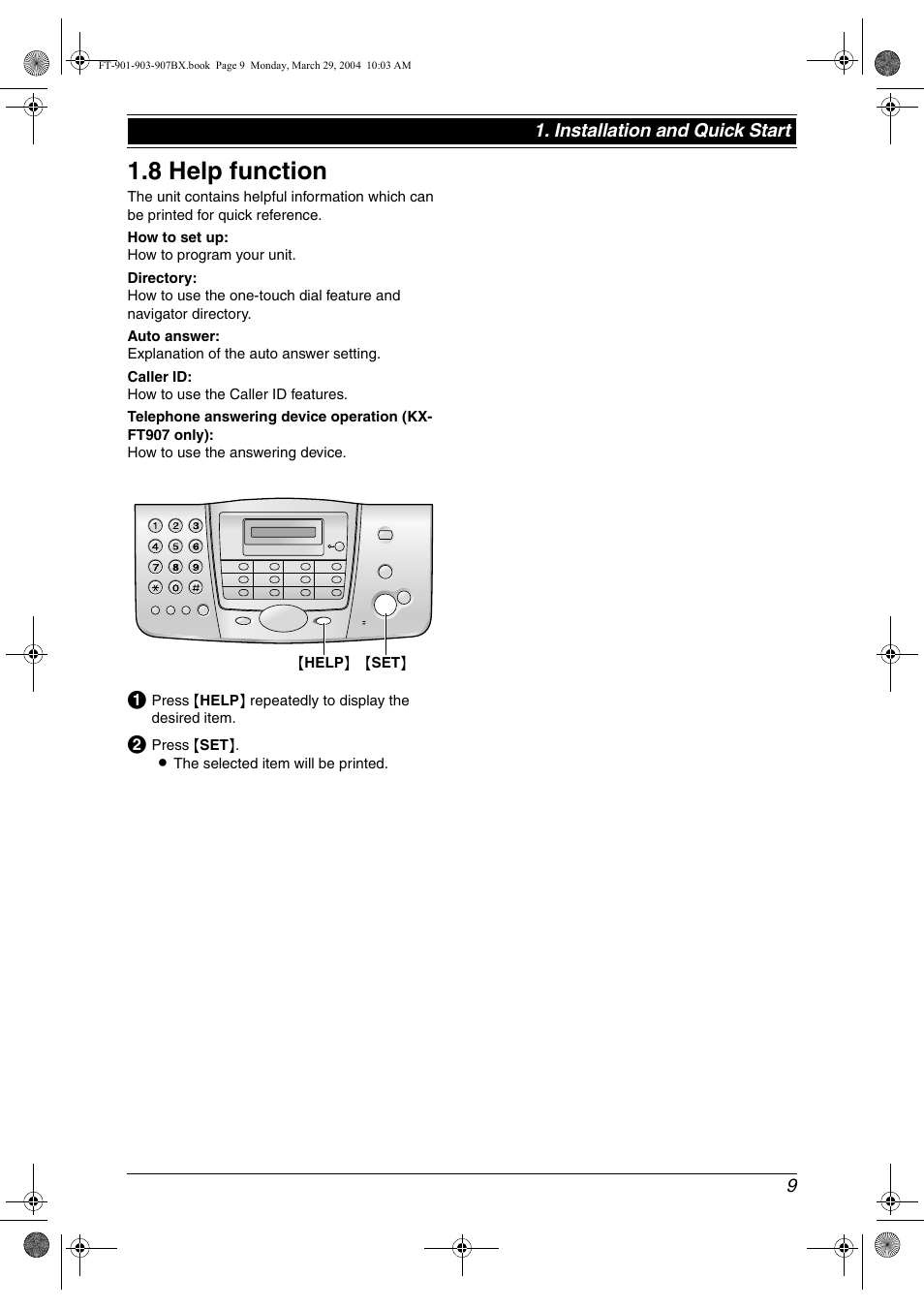 8 help function, Help function, 8 help function | Panasonic KX-FT901BX User Manual | Page 9 / 64