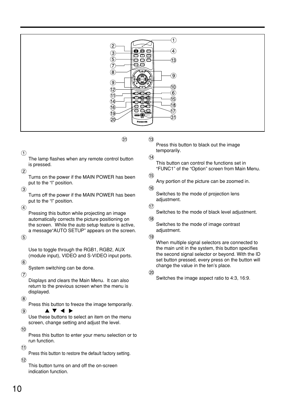 Name and function of parts, Remote control | Panasonic PT-D7500U User Manual | Page 10 / 112