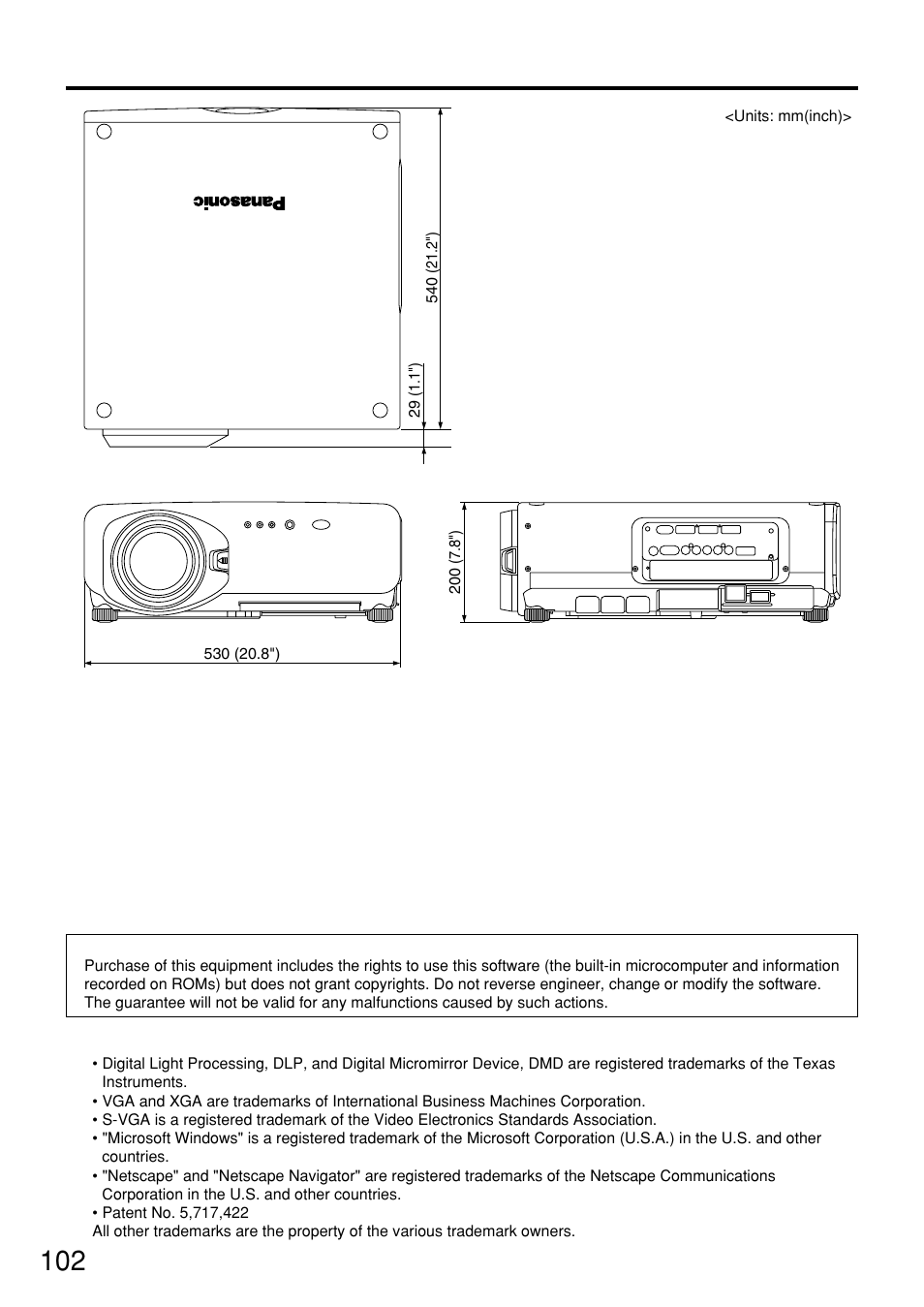 Outside dimensions, Trademark acknowledgement | Panasonic PT-D7500U User Manual | Page 102 / 112