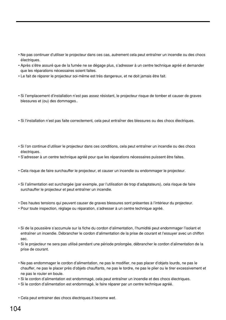 Précautions concernant la sécurité avertissement | Panasonic PT-D7500U User Manual | Page 104 / 112