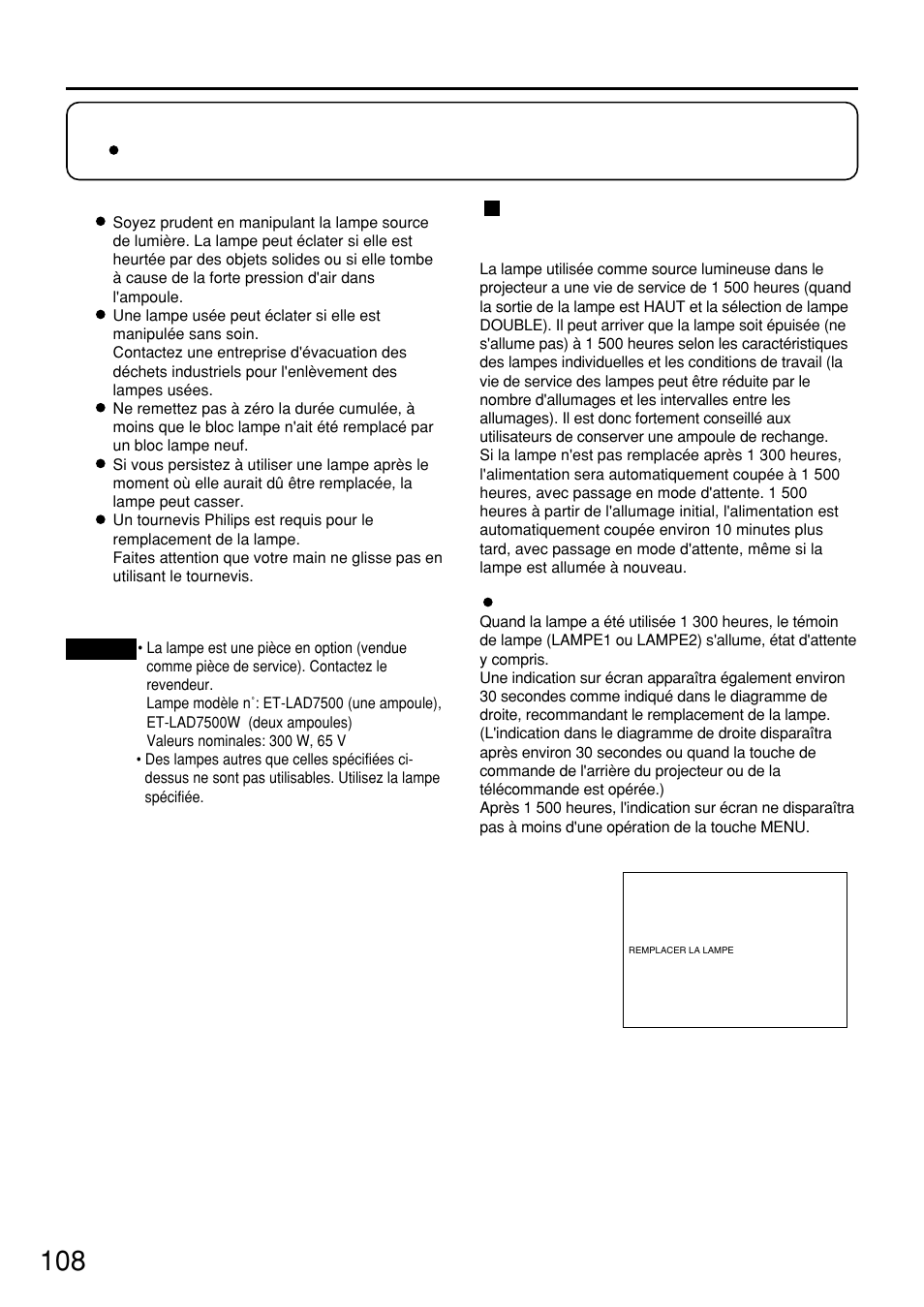 Remplacement de la lampe, Période de remplacement de la lampe | Panasonic PT-D7500U User Manual | Page 108 / 112