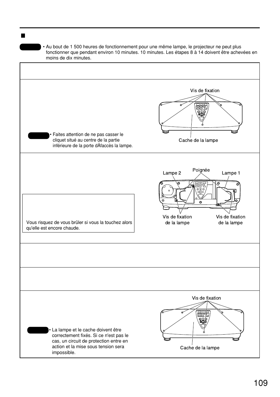 Attention, Procédure de remplacement de la lampe | Panasonic PT-D7500U User Manual | Page 109 / 112