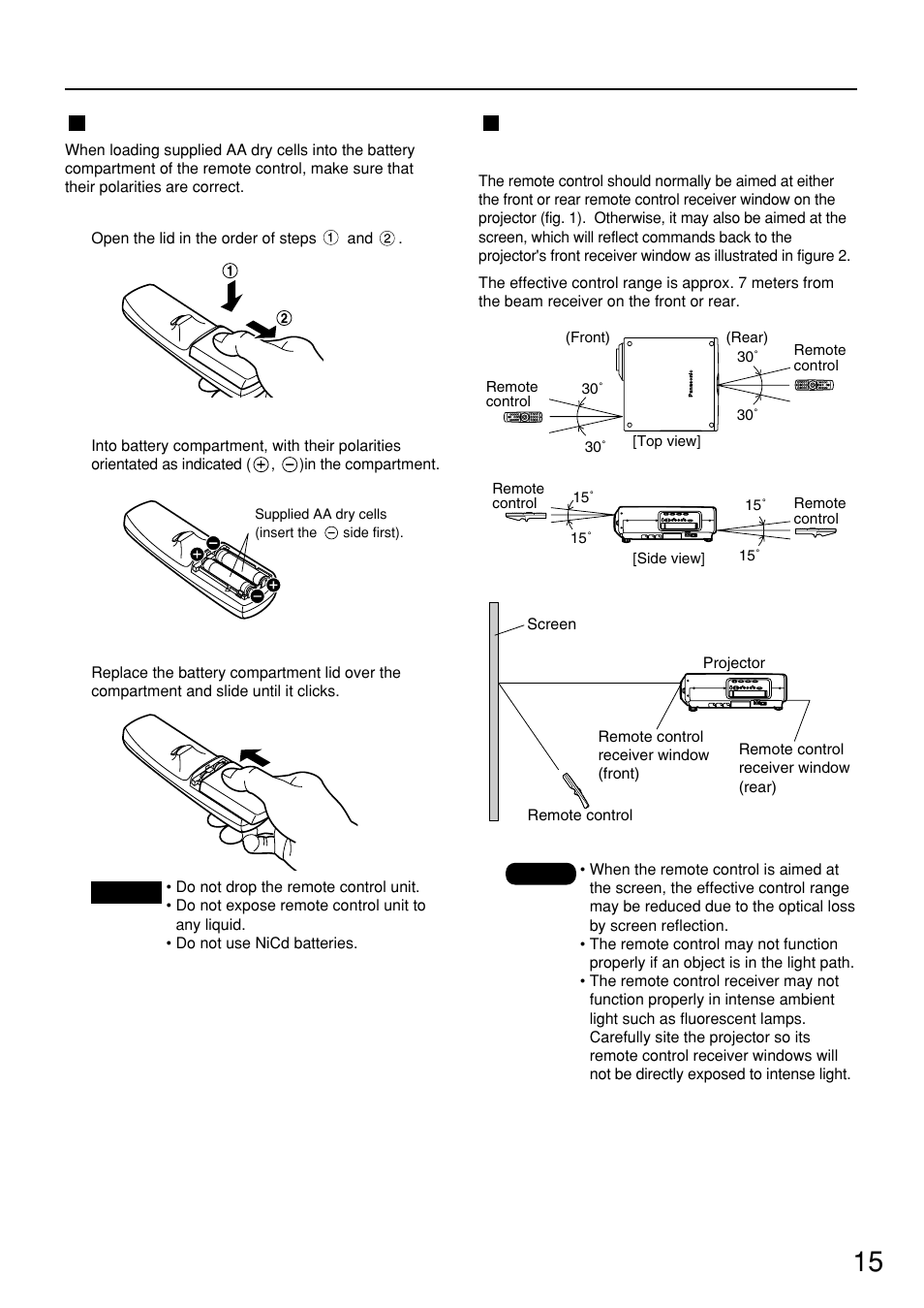 Using the remote control unit, Loading dry cells, Effective range of remote control operation | 15 loading dry cells | Panasonic PT-D7500U User Manual | Page 15 / 112