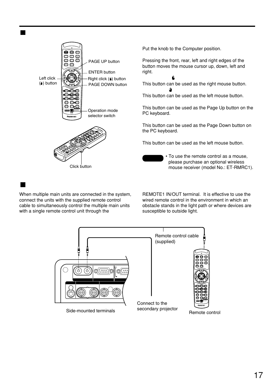 Using the remote control as a pc mouse, Using a wired remote control, 17 using the remote control as a pc mouse | Operation mode selector switch, Lase r o n/off, Po w er, Rg b, Vid eo, Sh ut te r au to se tu p, Br ig ht co nt ra st on s cr ee n sy st em | Panasonic PT-D7500U User Manual | Page 17 / 112