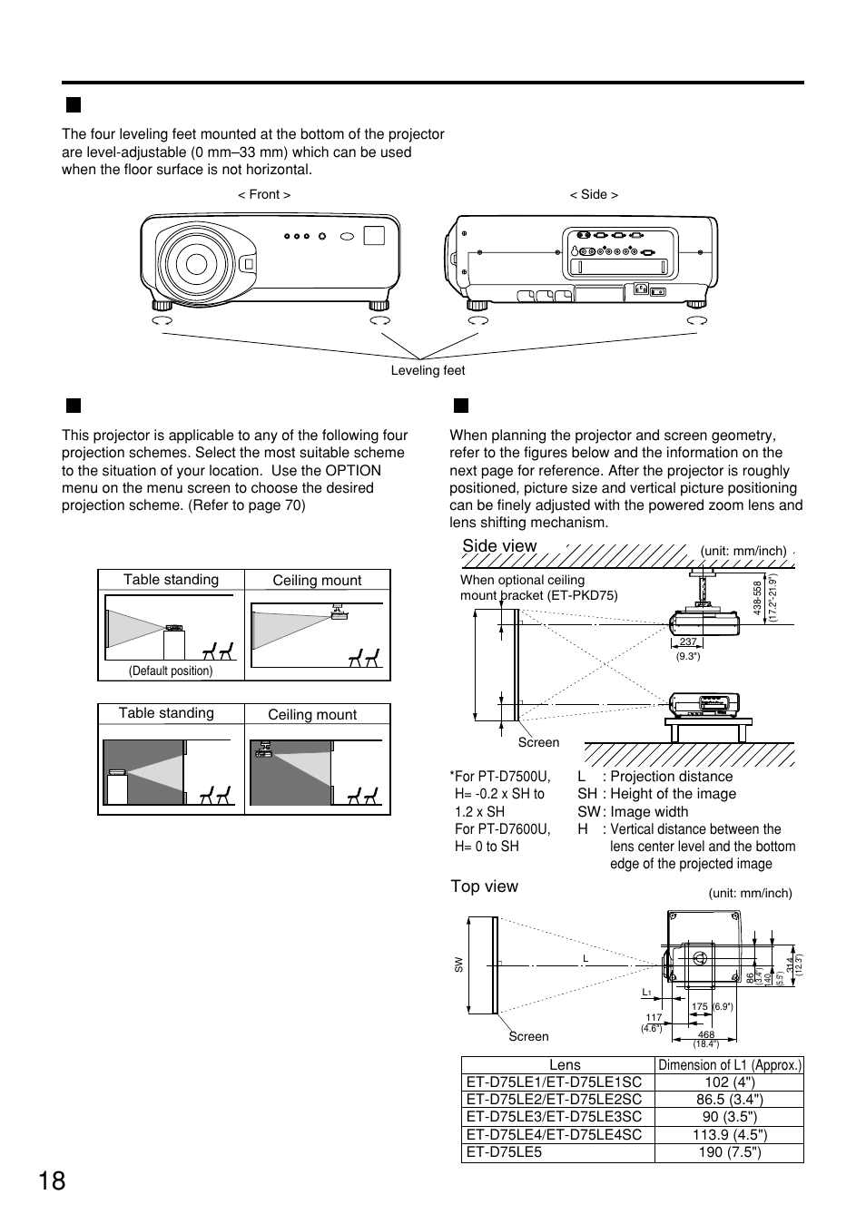 Installation, Adjusting the leveling feet, Projection scheme | Installation geometry, 18 projection scheme, Side view | Panasonic PT-D7500U User Manual | Page 18 / 112