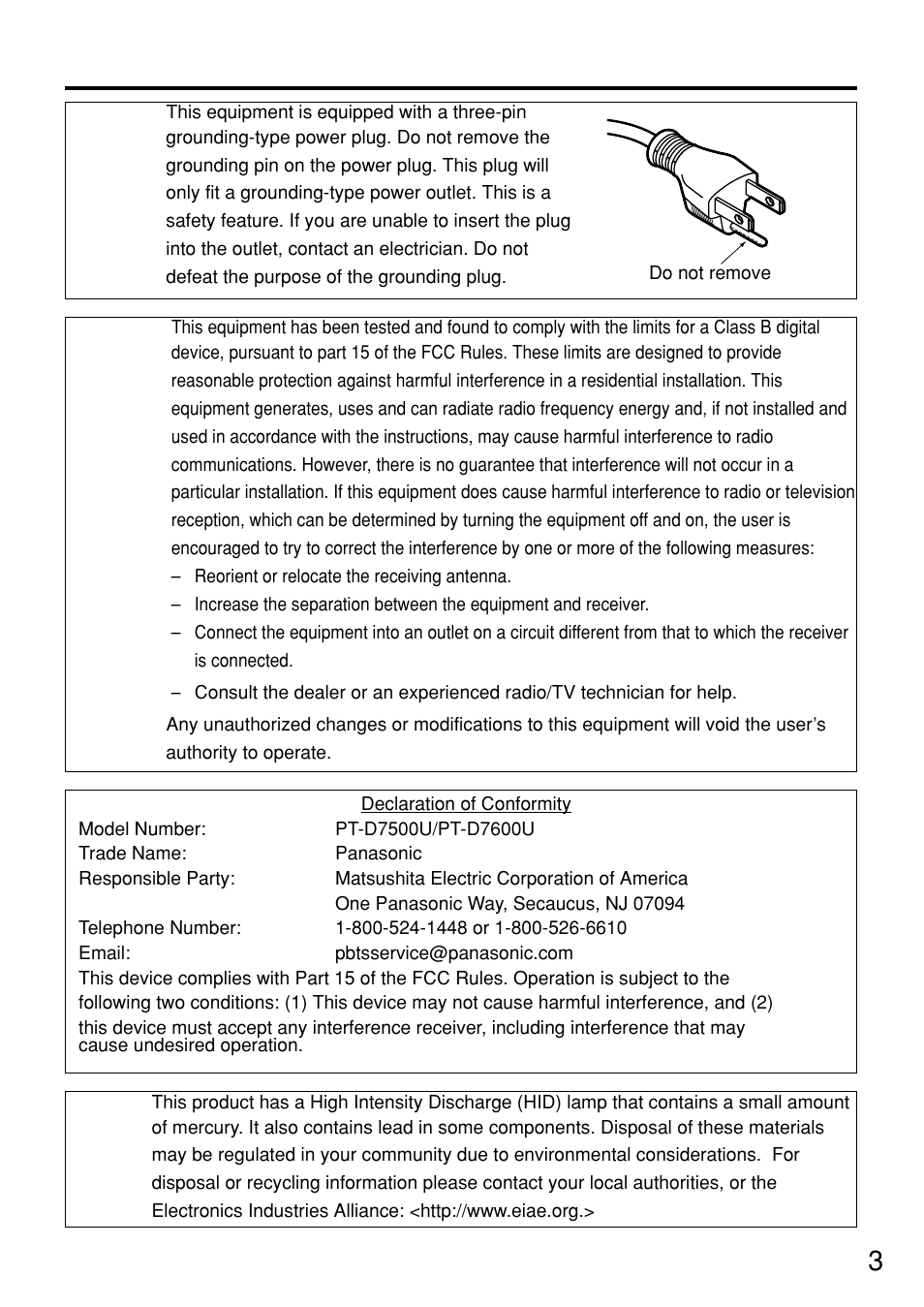 Panasonic PT-D7500U User Manual | Page 3 / 112