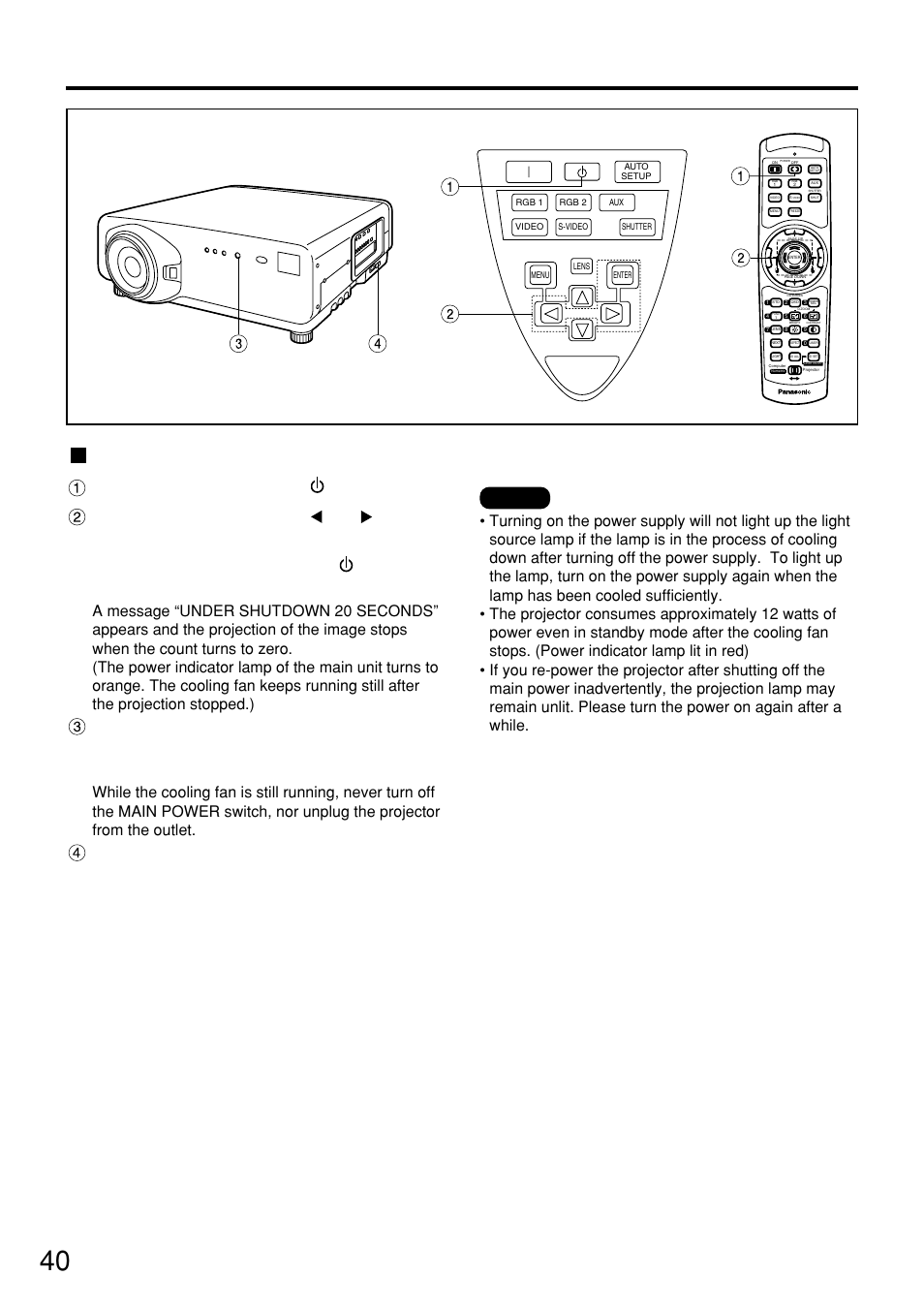 Powering off the projector, 40 powering off the projector, Projection | Press the | Panasonic PT-D7500U User Manual | Page 40 / 112