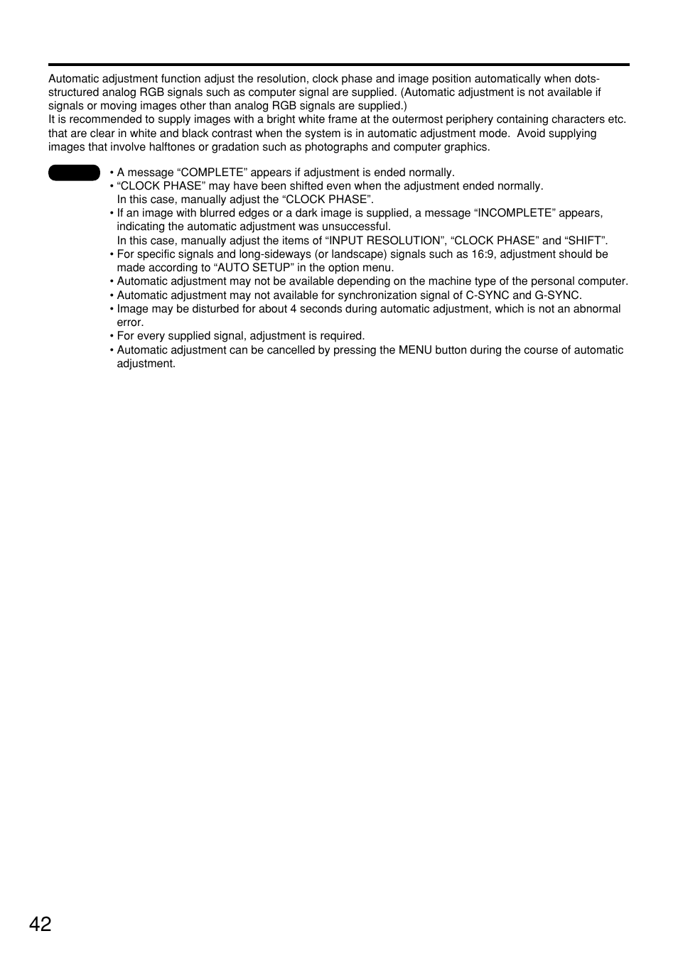 Automatic adjustment (auto setup) | Panasonic PT-D7500U User Manual | Page 42 / 112