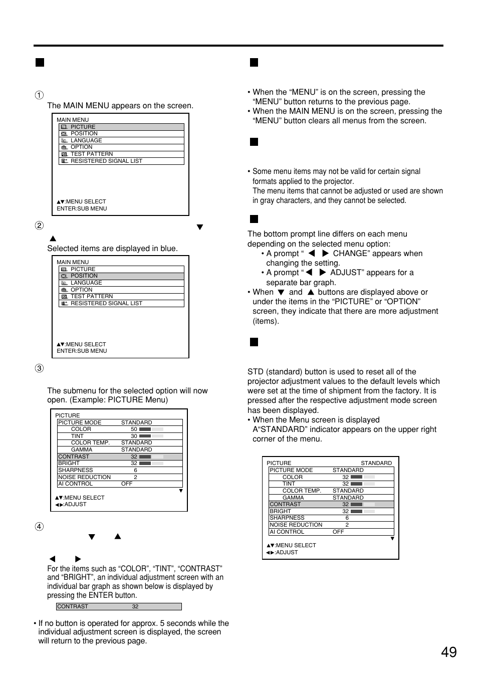 Basic operations on menu screen, Returning to the previous screen, Menu items shown in gray characters | Menu items setting, Resetting to the factory default, 49 basic operations on menu screen, Press the “menu” button, Select the desired item with the or button | Panasonic PT-D7500U User Manual | Page 49 / 112