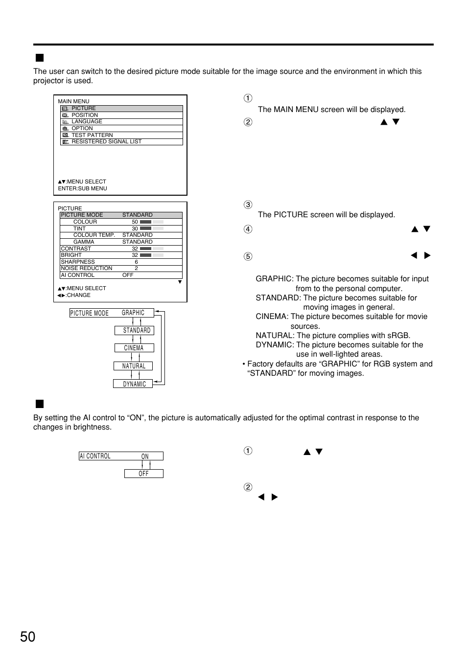 Adjusting the picture, Switching the picture mode, Switching the ai control | 50 switching the picture mode, Press the “menu” button, Select “picture mode” with the buttons | Panasonic PT-D7500U User Manual | Page 50 / 112