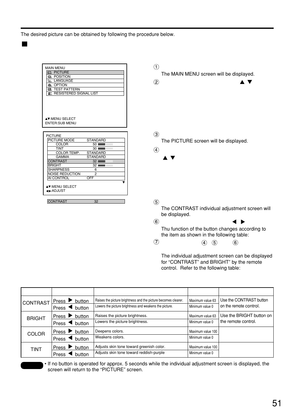 Adjusting contrast / bright / color / tint, Press the “menu” button, Select “picture” with the buttons | Press the “enter” button, Adjust the level with the buttons | Panasonic PT-D7500U User Manual | Page 51 / 112