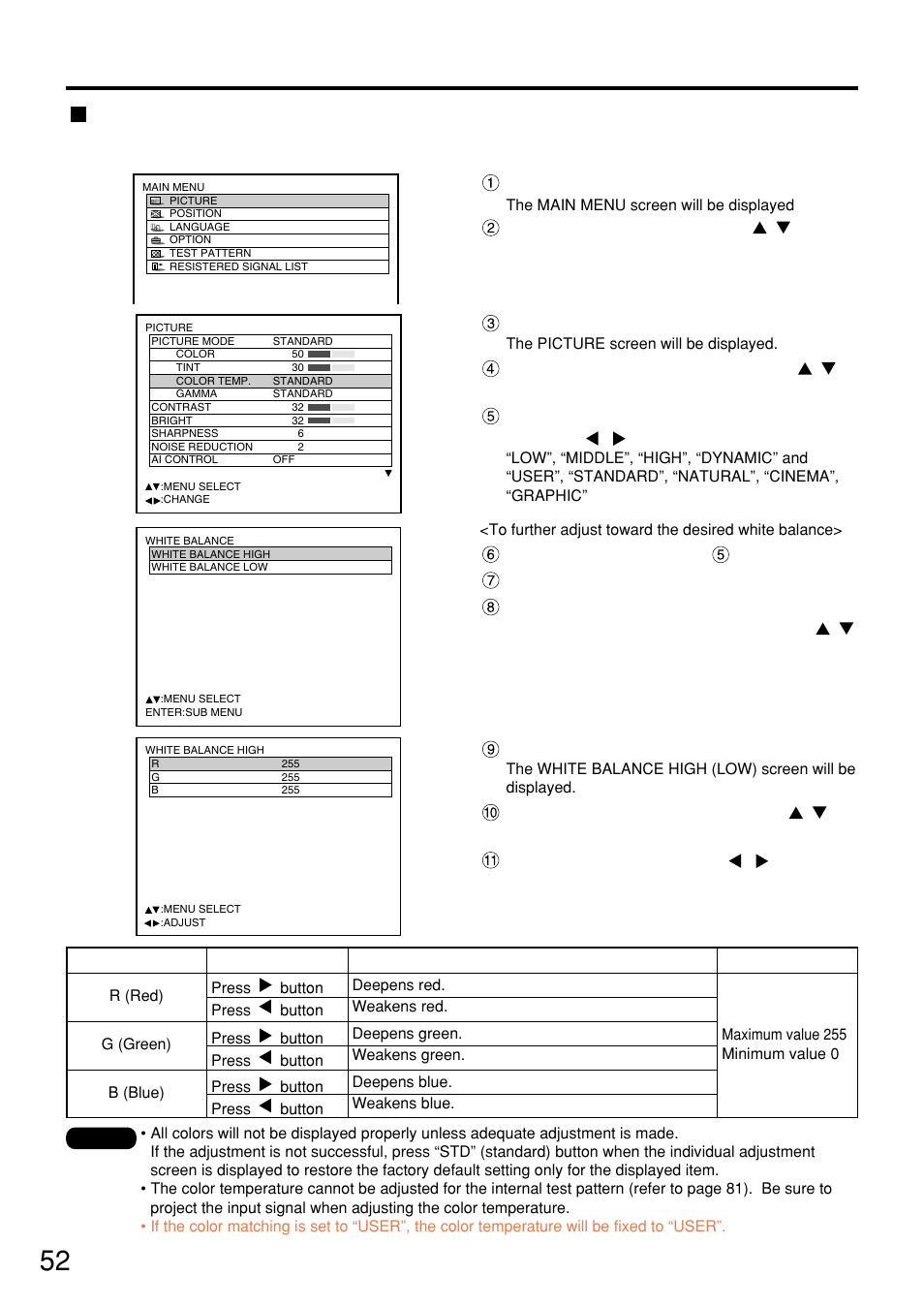 Adjusting the color temperature, Adjusting the picture, Press the “menu” button | Select “picture” with the buttons, Press the “enter” button, Press “enter” button | Panasonic PT-D7500U User Manual | Page 52 / 112