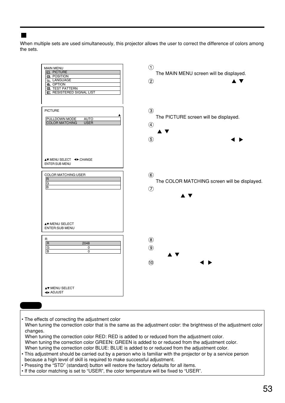 Adjusting color matching, 53 adjusting color matching | Panasonic PT-D7500U User Manual | Page 53 / 112